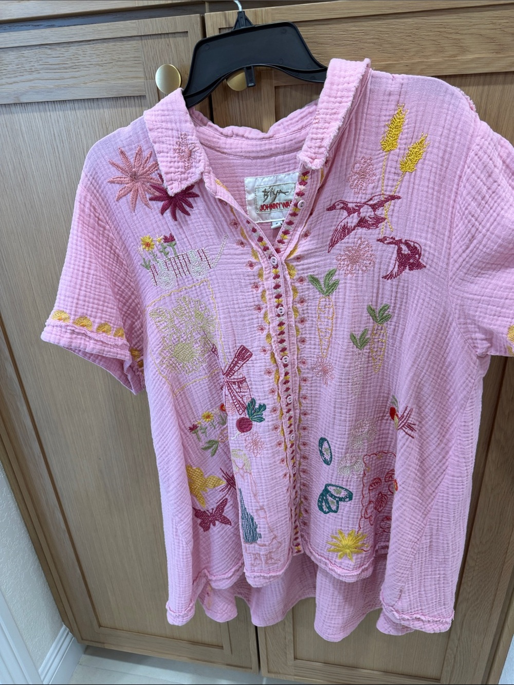 Johnny Was Pink Embroidered Gauze Polo Top